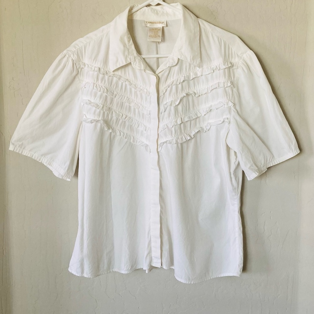Vintage Late 1980s Christie & Jill Retro Basic Ruffled Button-down Blouse